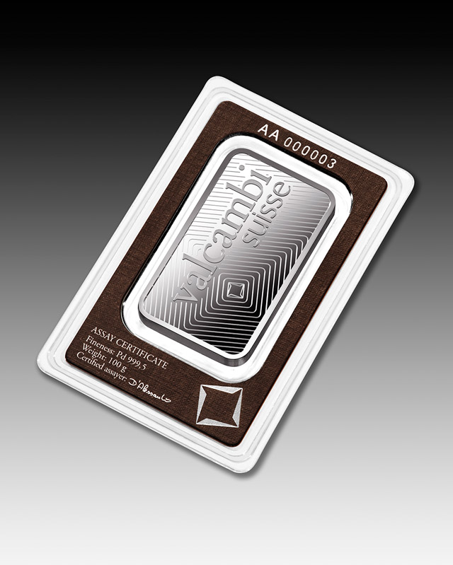 100g Valcambi Palladium Minted bar 999.5 Palladium